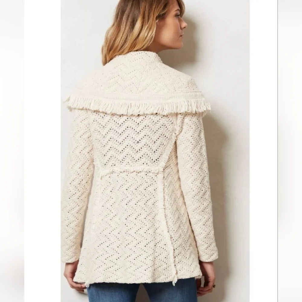 Angel of the North Fringe Cardigan Ivory Knit Boho Chevron Open Front Sweater M